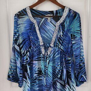 Bali Club Blue Sheer Palm Leaves Swimsuit Cover Up Rhinestone Tie Collar Size S